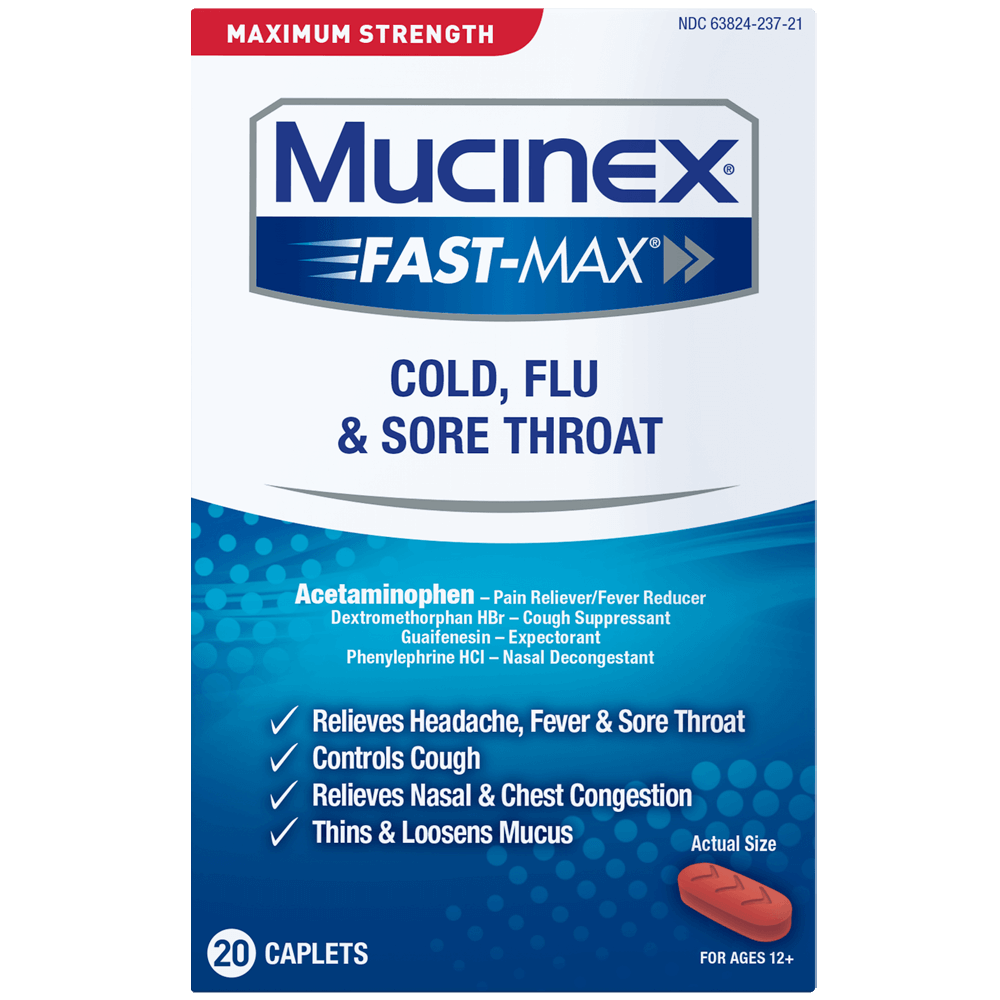 Maximum Strength Mucinex® Fast-Max® Cold, Flu & Sore Throat Caplets - Front