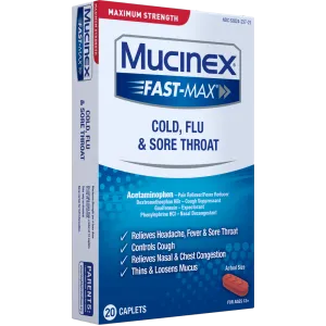 Maximum Strength Mucinex® Fast-Max® Cold, Flu & Sore Throat Caplets packshot leftside